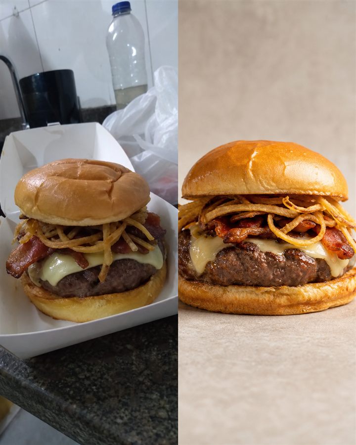 Antes e depois de comida e delivery com a mesma foto transformada