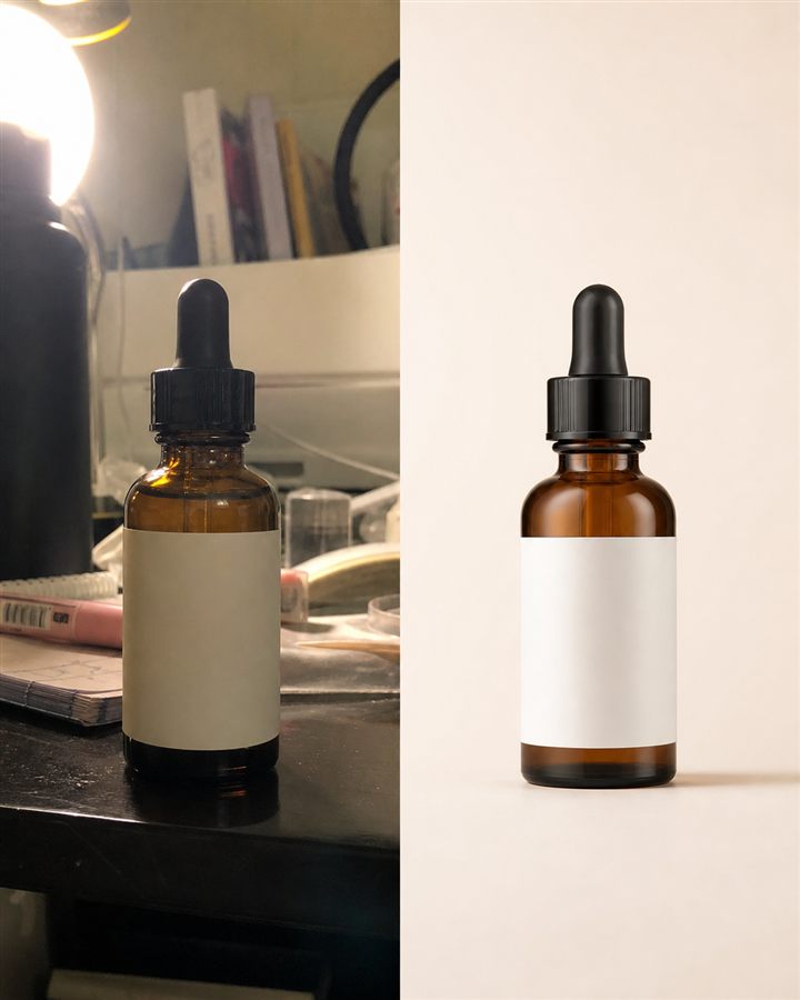 Antes e depois de beleza e cosméticos com a mesma foto transformada